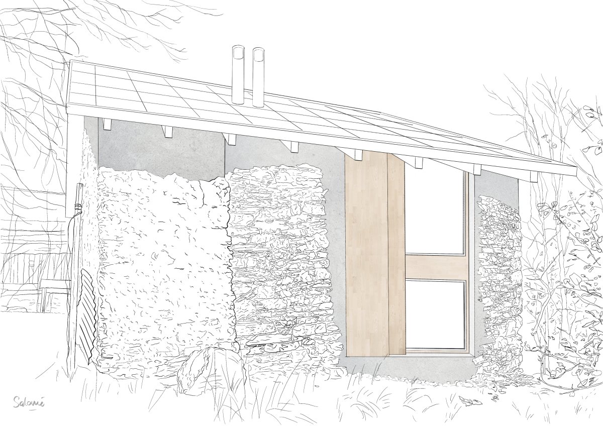 dessin architectural, façade en pierre surmontée d'une ligne de béton et perçée d'une grande baie vitrée protégée par un volet en bois